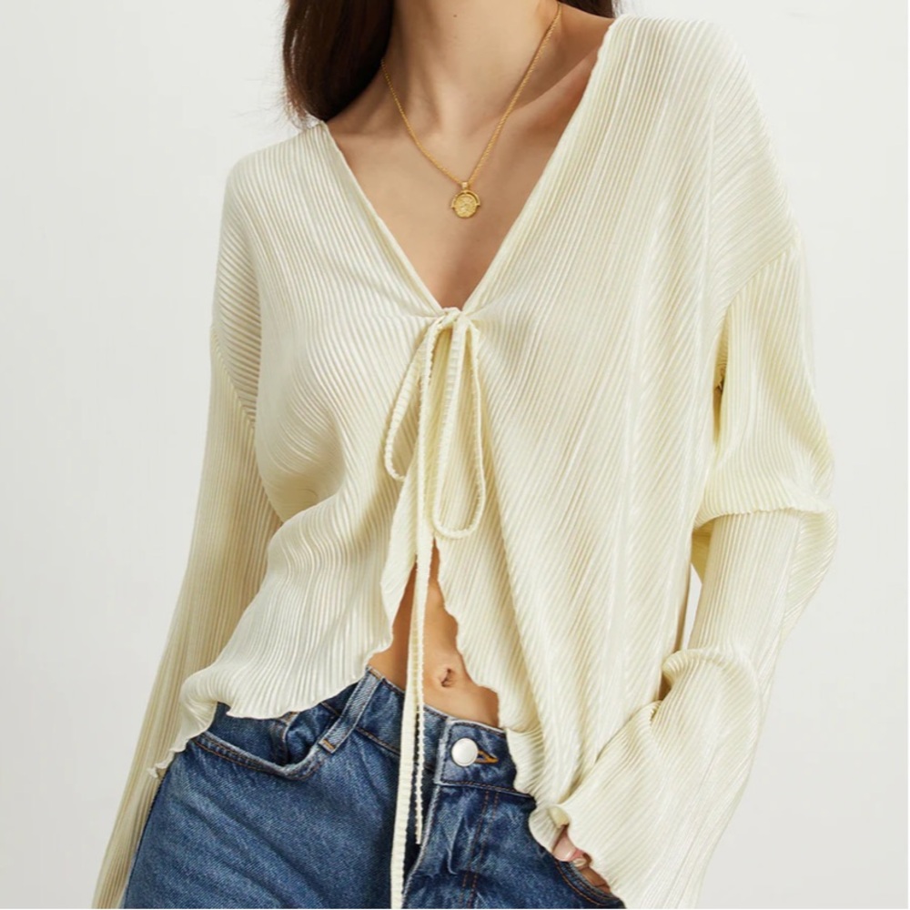 Textured Ruffle Trim Tied Blouse